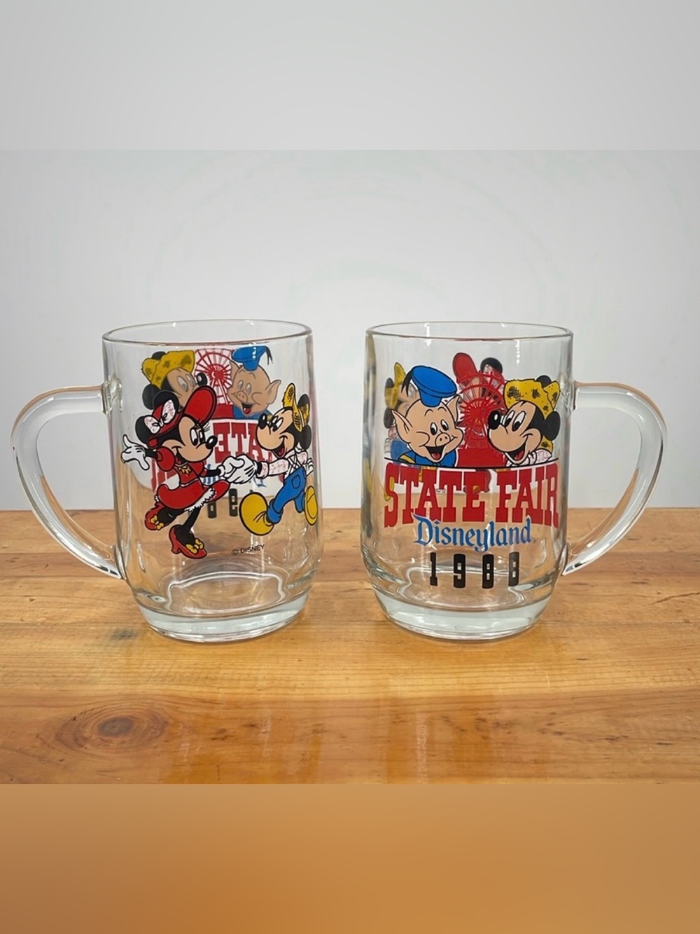 Vintage 80s Disneyland State Fair Mickey Minnie Piglet Glass Mugs Large Set of 2
